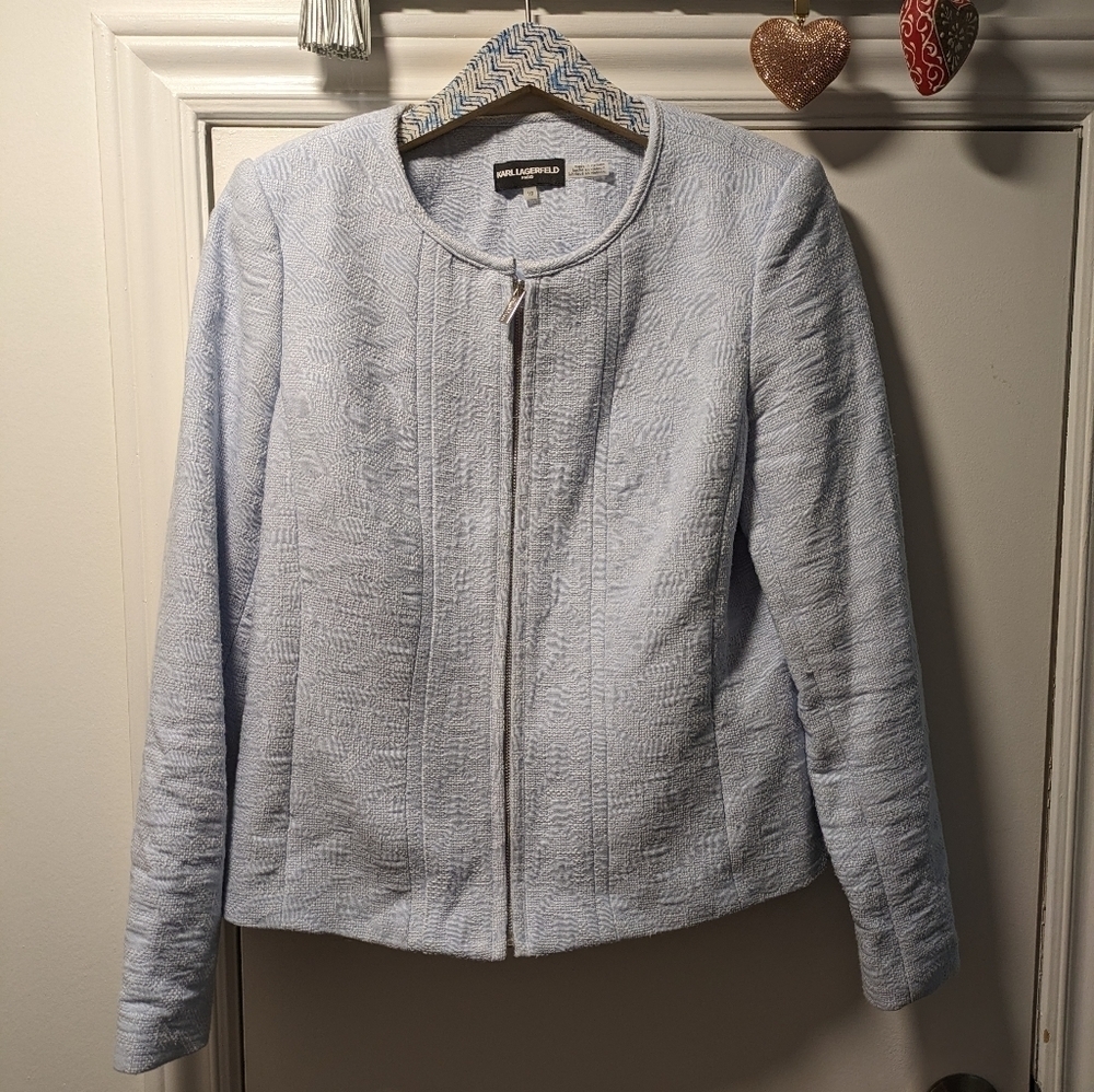 Karl Lagerfeld Textured Blazer Jacket Baby Blue Size 10 Workwear Office Zip Fron